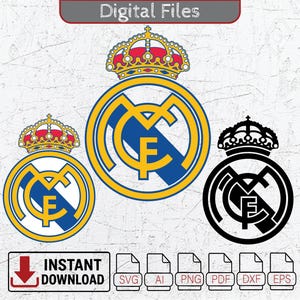 May include: Three digital file designs featuring the Real Madrid logo. The logos are in color and black and white, with a crown at the top. The words "Digital Files" and "Instant Download" are also present.
