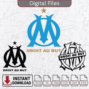Puede incluir: Archivos digitales que presentan tres variaciones del logotipo del Olympique de Marsella, en azul y negro, con el texto "DROIT AU BUT". Incluye un gráfico de "DESCARGA INSTANTÁNEA" e iconos de tipo de archivo: SVG, AI, PNG, PDF, DXF y EPS.