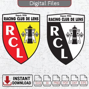 Peut inclure: Deux logos du Racing Club de Lens. L'un est rouge, jaune et blanc, l'autre est noir et blanc. Les deux portent l'inscription "Depuis 1906" et "RACING CLUB DE LENS". En dessous, "TÉLÉCHARGEMENT INSTANTANÉ" avec des icônes de type de fichier.