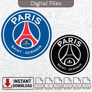 Puede incluir: Dos logotipos circulares con el emblema del Paris Saint-Germain. Uno es azul con una Torre Eiffel roja y flor de lis dorada, el otro es blanco y negro. El texto incluye "PARIS" y "SAINT-GERMAIN". Debajo, "DESCARGA INSTANTÁNEA" con iconos de tipo de archivo.