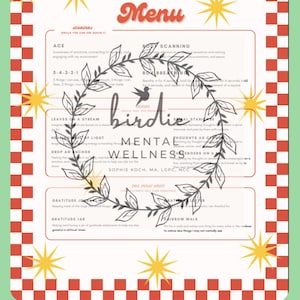 以下が含まれることがあります： 「Coping Skills Menu」と題されたカラフルなメニュー。赤と白のチェック柄のボーダーと黄色のスターバーストアクセントが特徴です。メニューには、メンタルヘルスとセルフケアに関するテキストとイラストが含まれています。