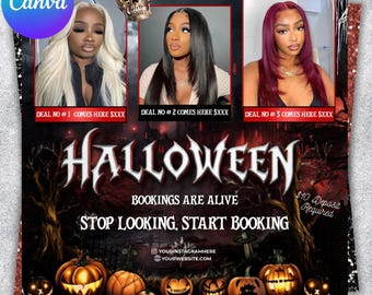 October Booking Flyer, October Books Open, Halloween Hair Flyer, Spooky SZN Flyer, October Hair Flyer, Nails MUA Lash Locs Wig, DIY Canva