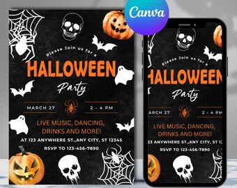 May include: A Halloween party invitation with a black background, orange text, and white graphics of bats, spiders, ghosts, and pumpkins. The text reads "HALLOWEEN Party" and includes event details.