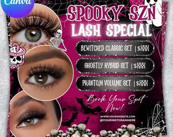 Peut inclure: Flyer promotionnel sur le thème d'Halloween pour une offre spéciale de cils. Le design présente un fond rose et noir, des images d'yeux avec de longs cils et le texte "SPOOKY SZN LASH SPECIAL". Le flyer invite les clients à prendre rendez-vous.
