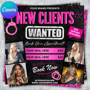 Puede incluir: Un folleto promocional con fondo negro y detalles en rosa. El texto "NEW CLIENTS WANTED" se muestra de forma destacada. El folleto incluye imágenes de mujeres con cabello largo y el texto "Book Now" también es visible. Se requiere un depósito de 27€.