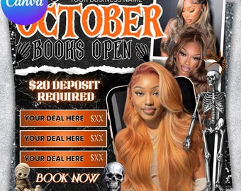 October Booking Flyer, October Books Open, Halloween Hair Flyer, Spooky SZN Flyer, October Hair Flyer, Nails MUA Lash Locs Wig, DIY Canva