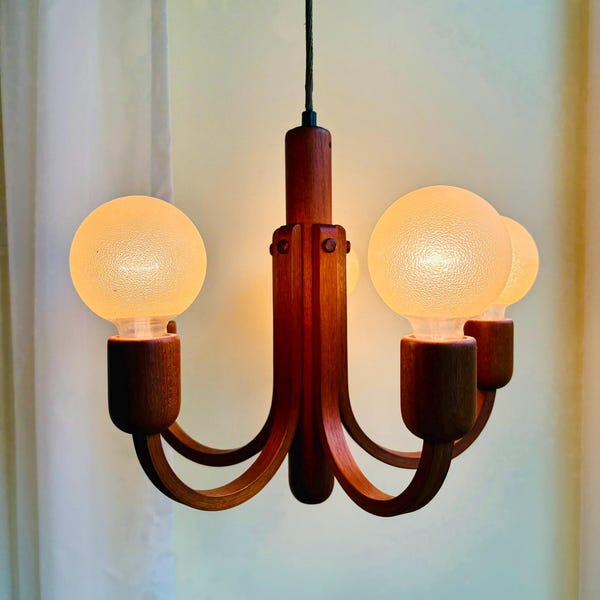 Suspension Domus Mid-Century en teck, années 1960 – Lustre vintage à 5 branches, lampe scandinave moderne en teck, E27