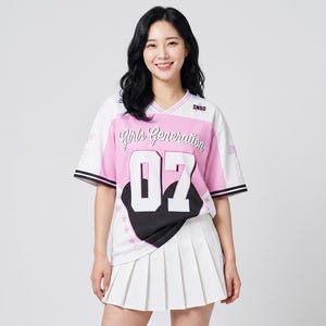 May include: A white and pink baseball jersey with the text "Girls Generation" and the number "07" on the front. The jersey is paired with a white pleated skirt. The sleeves have black stripes.