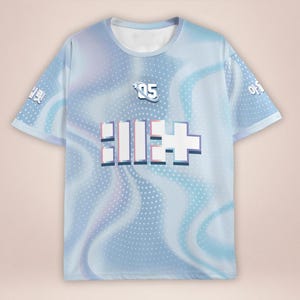 May include: Light blue t-shirt with a swirling pattern and a white collar. The shirt features the number "05" and a graphic design in the center. The sleeves have text in a foreign language.