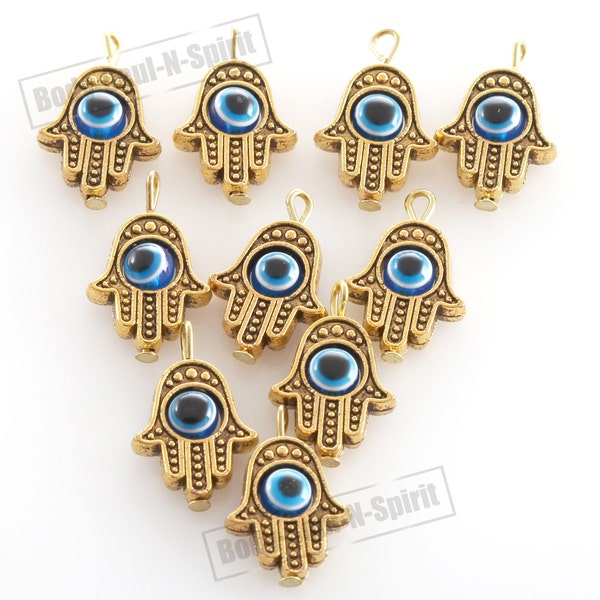 Wholesale DIY lot of  10 Gold Tone HAMSA HAND "Evil Eye" Lucky Charm Pendant Kabbalah Jewelry soul success #DIY_Hrm_Gold_10