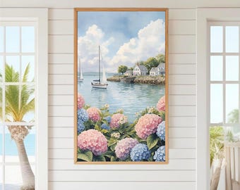 Coastal Granddaughter Wall Art Digital Download, Cape Cod Hydrangea and Sailboat Print, Nautical Cottagecore Coastal Decor for Beach House