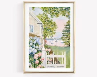 Hydrangea Cottage Print, Nantucket House Wall Art, Coastal Granddaughter Summer Décor, Beach House Printable, Digital Download, Cape Cod