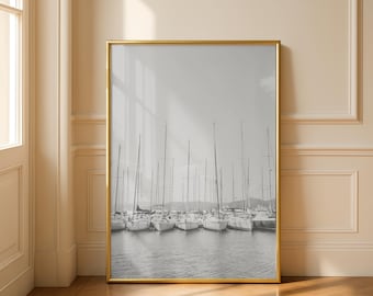 Black and White Sailboat Print: Minimalist Coastal Marina (Digital Download)