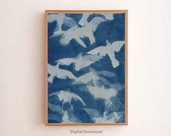 Bird Silhouette Wall Art – Minimalist Indigo Coastal Print, Digital Download
