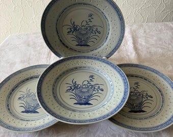 Vintage Teller mit Reiskornmuster - Lithophanie, handbemalt, 1980er Jahre (4er-Set)