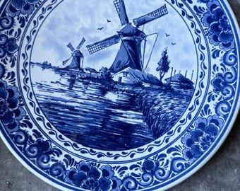 Vintage Delft Blauw Wandteller handbemalt - Holland -O 26,5 cm - 1960er Jahre