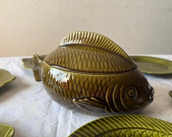 Vintage Fisch-Servierset Sarreguemines, Frankreich Majolika / Fayence, 1940er-1950er Jahre