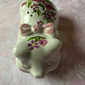 Può includere: Un saliera in ceramica bianca a forma di maiale che dorme, decorata con rose rosa, fiori viola e foglie verdi. Il maiale ha un fiocco rosa e gli occhi chiusi. La parte superiore della saliera ha dei fori per dispensare il sale.