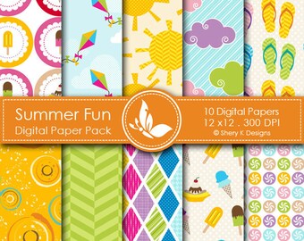 Summer Fun Paper Pack - 10 Printable Digital Scrapbooking papers - 12 x12 - 300 DPI