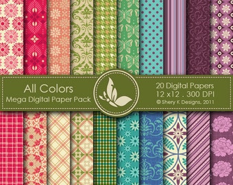 All Colors Mega Paper Pack - 20 Printable Digital papers - 12 x12 - 300 DPI