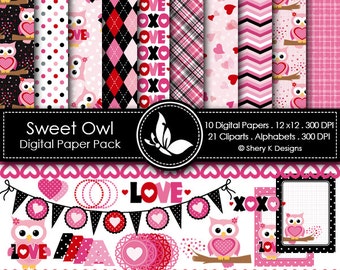 Sweet Owl - 10 Digital papers 12 x12 300 DPI - 21 Cliparts - 8 Alphabet sets - 300 DPI