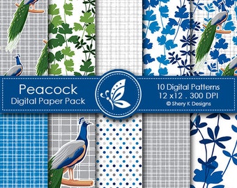 Peacock Paper Pack - 10 Digital Patterns - Sublimation - Stationery - Garments & Home Décor
