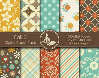 Fall 3 Paper Pack - 10 Digital scrapbooking papers - 12 x12 - 300 DPI
