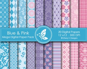 Blau Rosa Mega Paper Pack - 20 digitale Muster - Sublimation - Briefpapier - Kleidungsstücke & Wohnkultur