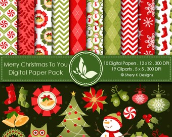 Merry Christmas to You -10 Digital papers 12 x12 300 DPI - 19 Cliparts 5 x5 300 DPI