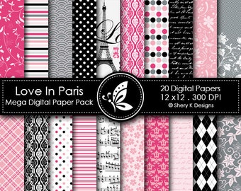 Love In Paris Mega Paper Pack - 20 Digital Patterns - Sublimation - Stationery - Garments & Home Décor