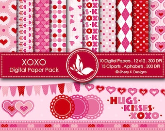 XOXO Paper Pack - 10 Printable Digital papers - 12 x12 - 300 DPI