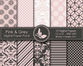 May include: A digital paper pack with 10 different patterns in pink and gray. The patterns include polka dots, stripes, damask, and geometric designs. The pack is 12 inches by 12 inches and 300 DPI. "Pink & Grey Digital Paper Pack" and "10 Digital Papers 12 x 12. 300 DPI © Shery K Designs, 2011" are written on the image.