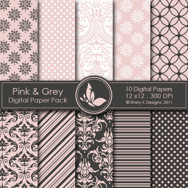 Pink & Grey Paper Pack 10 Printable Digital papers 12 x12 300 DPI image 1