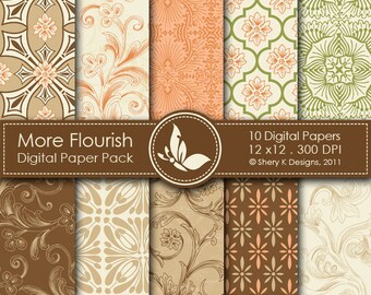 More Flourish Paper Pack - 10 Printable Digital papers - 12 x12 - 300 DPI