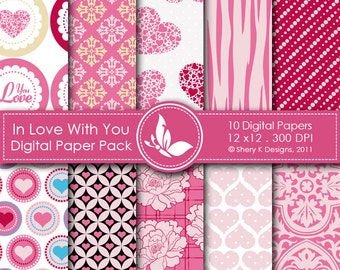 In Love With You Paper Pack - 10 Printable Digital papers - 12 x12 - 300 DPI