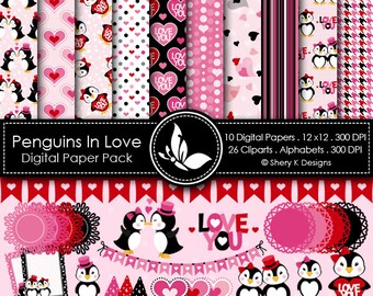 Penguins In Love Paper Pack - 10 Digital papers 12 x12 300 DPI - 26 Cliparts - 3 Alphabet sets - 300 DPI