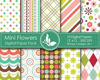 Mini Flowers Paper Pack - 10 printable Digital Scrapbooking papers - 12 x12 - 300 DPI