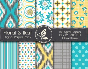 Floral Ikat - 10 Digital Patterns - Sublimation - Stationery - Garments & Home Décor