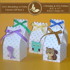 May include: White gift boxes with scalloped edges and colorful ribbon ties. Each box features a different animal graphic: a dinosaur, an owl, and a squirrel. The boxes have a polka dot pattern and the text "SVG Wedding or Party Favors Gift Box 2".