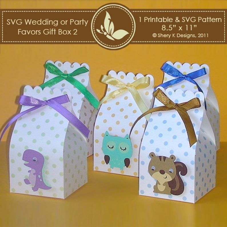 May include: White gift boxes with scalloped edges and colorful ribbon ties. Each box features a different animal graphic: a dinosaur, an owl, and a squirrel. The boxes have a polka dot pattern and the text "SVG Wedding or Party Favors Gift Box 2".