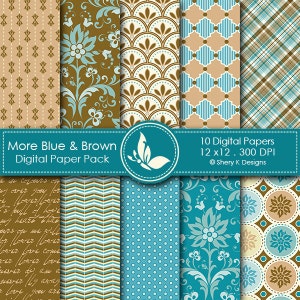 More Blue & Brown Paper Pack - 10 printable Digital Scrapbooking papers - 12 x12 - 300 DPI