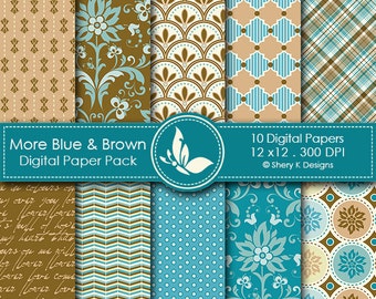 More Blue & Brown Paper Pack - 10 printable Digital Scrapbooking papers - 12 x12 - 300 DPI