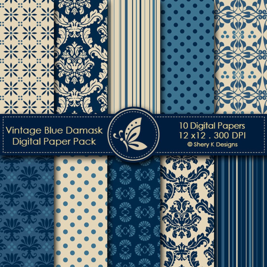 Vintage Blue Damask Paper Pack 10 Digital Patterns Etsy