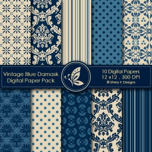 Paquete de papel damasco azul vintage - 10 diseños digitales - Sublimación - Papelería - Prendas de vestir y decoración del hogar