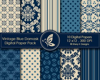 Vintage Blue Damask Paper Pack - 10 Digital Patterns - Sublimation - Stationery - Garments & Home Décor