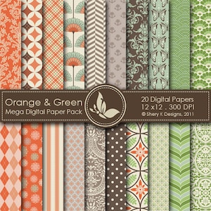 Pacote de papel Mega Laranja e Verde - 20 papéis digitais imprimíveis - 12x12 - 300 DPI