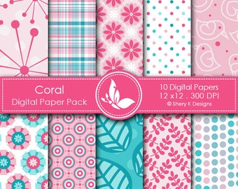 Coral Paper Pack - 10 printable Digital Scrapbooking papers - 12 x12 - 300 DPI