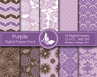 Purple Paper Pack - 10 Printable Digital Scrapbooking papers - 12 x12 - 300 DPI