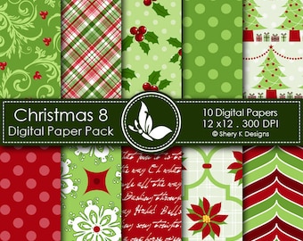 Christmas 8 Paper Pack - 10 PrintableDigital papers - 12 x12 - 300 DPI ////// 8