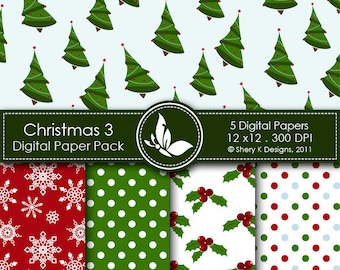 Printable Christmas Paper Pack 3 - 5 Printable Digital paper - 12 x12 - 300 DPI